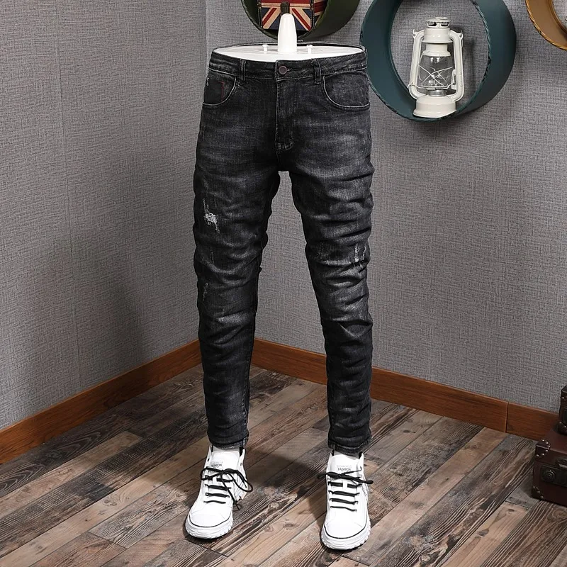 

Street Fashion Men Jeans Retro Black Gray Stretch Slim Fit Ripped Jeans Men Vintage Designer Casual Denim Pants Hombre