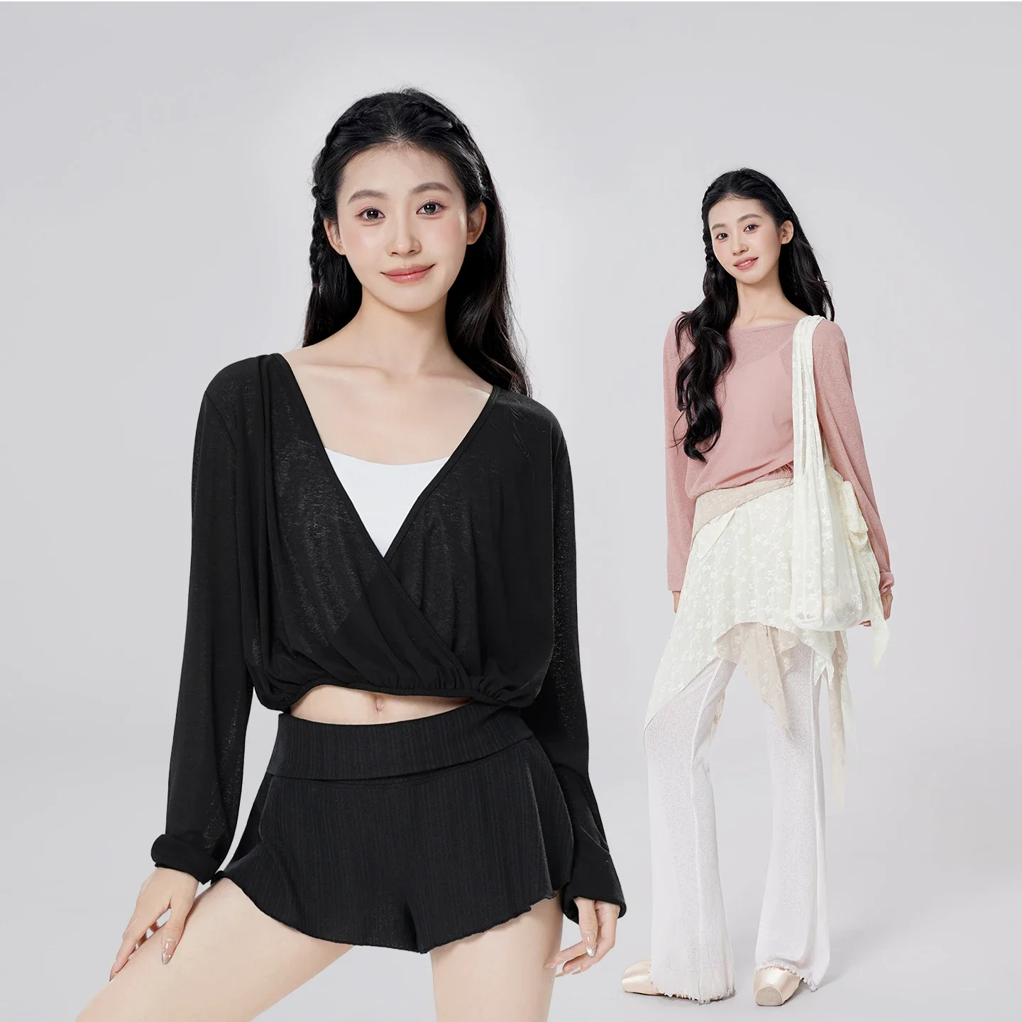 قميص باليه ملفوف بأكمام طويلة، قميص رقص كلاسيكي للنساء، ملابس ممارسة الخريف المعاصرة