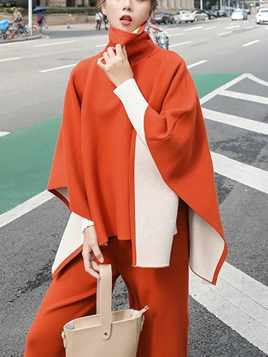 CHICEVER Solid Fashion Two Piece Sets for Women High Neck Bat Sleeve Cape Shawl Top Wide Leg Pant Suit Female Minimalist Clothes