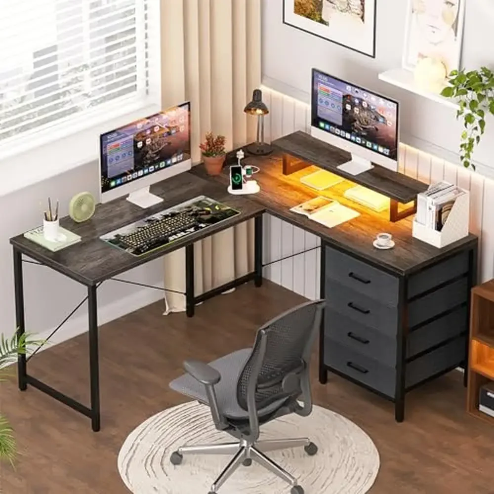 L Desk with Drawers & Power Outlets LED Light Monitor Stand 50" Home Office Gaming Storage Shelf Reversible Easy Install Black