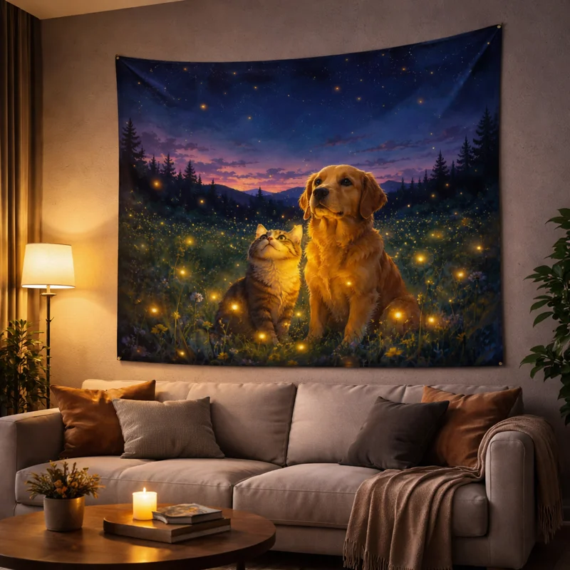 VIKAMA Celestial Starry Sky Tapestry, Golden Retriever and Cat Art Wall Hanging, Soothing and Aesthetic Living Room Decor