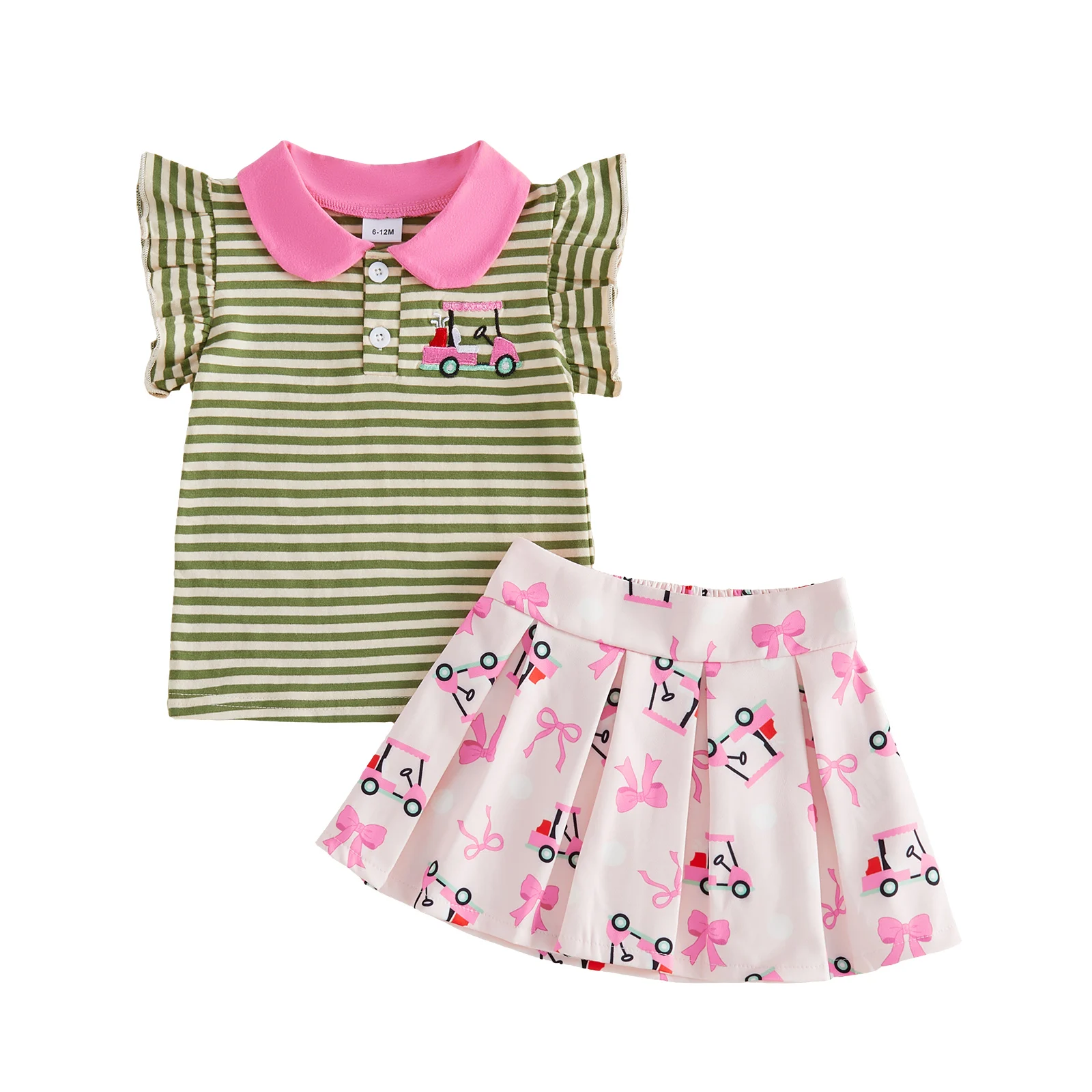 

Очаровательный весенний комплект для девочек: полосатая блузка с игривым принтом гольф-кара и плиссированная юбка