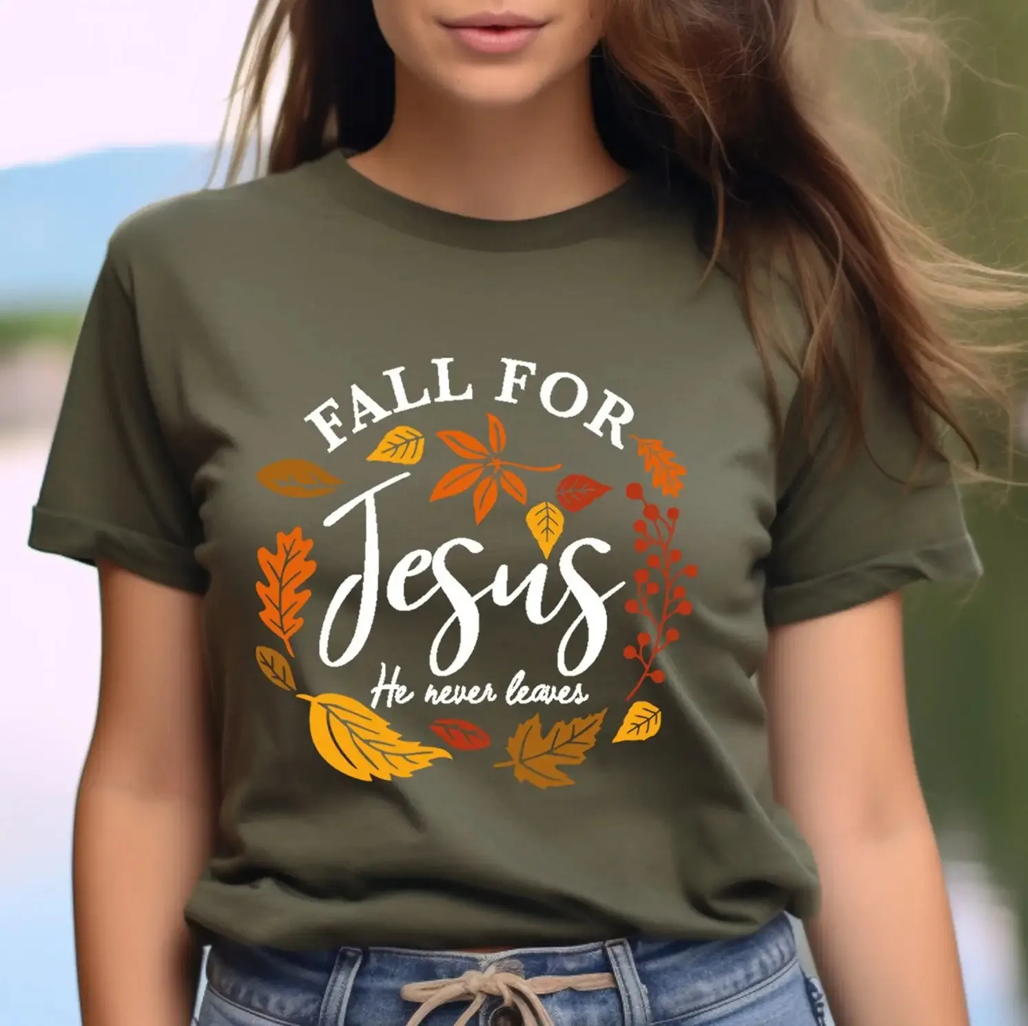 Fall For Jesus He Never Leaves T Shirt Thanksgiving Family Matching Autumn