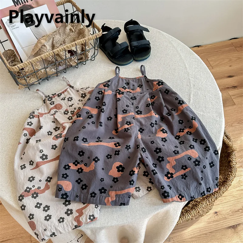 

New Summer Girls Sleeveless Sling Jumpsuit Light Khaki/Grey Floral Print Wide Leg Calf-Length Pants Children Trousers A23208