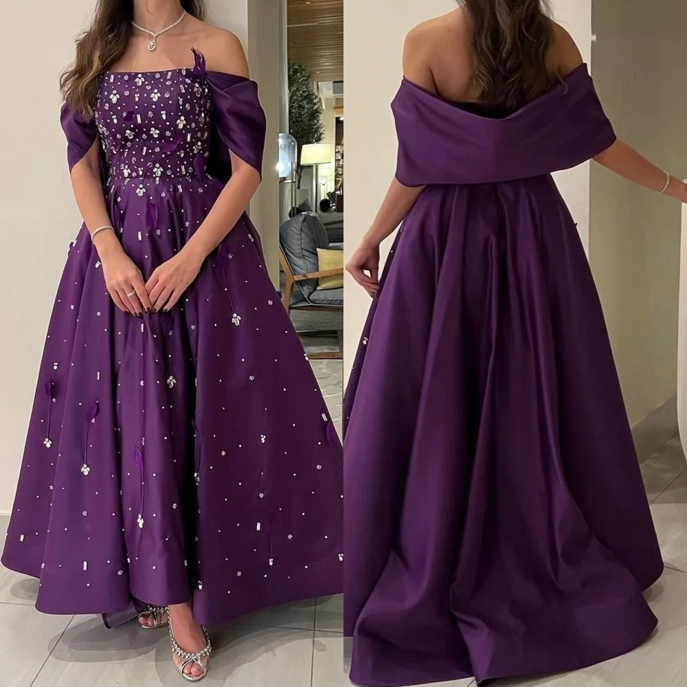 Gaun malam Formal bermanik Satin, Gaun malam acara Off-the-shoulder Bespoke, Gaun panjang Arab Saudi