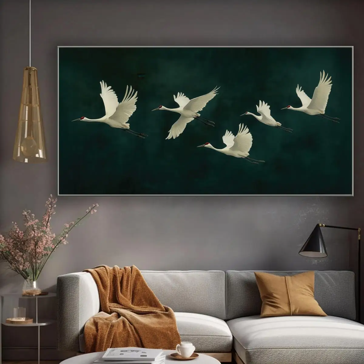 A Row of Flying Cranes Poster Prints Green Minimalist Nature Landscape Canvas Painting Wall Art Picture Living Room Home Decor