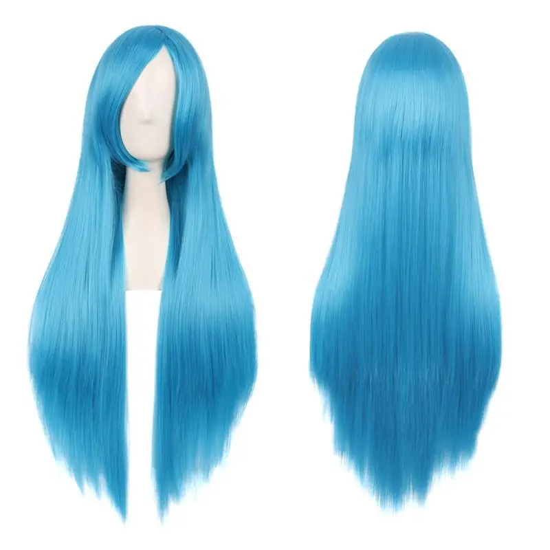 شعر مستعار Tongman cosWig لكل من الرجال والنساء، مناسب لون أزرق سماوي 80 سم شعر مستقيم طويل مع غرة Anime Universal Realistic H #1