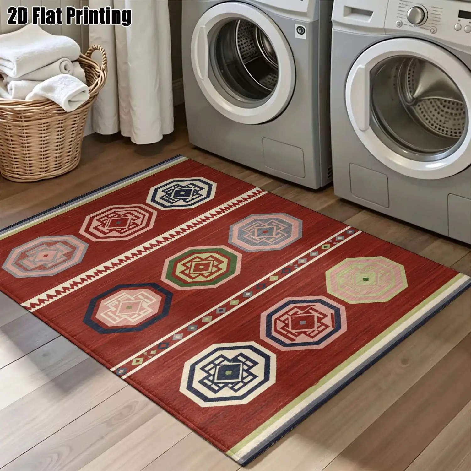 1Pc 2D Printed Carpet: Red-Base Geometric Octagonal Pattern, Retro/Bohemian/Minimalist Style, Multi-Size, Machine-Washable, Home Decor for Multi-Scene Use
