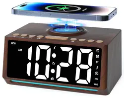 Retro Wooden Digital Alarm Clock Large Display with FM Radio, Bluetooth Speaker, Wireless Charger Station for cell phone