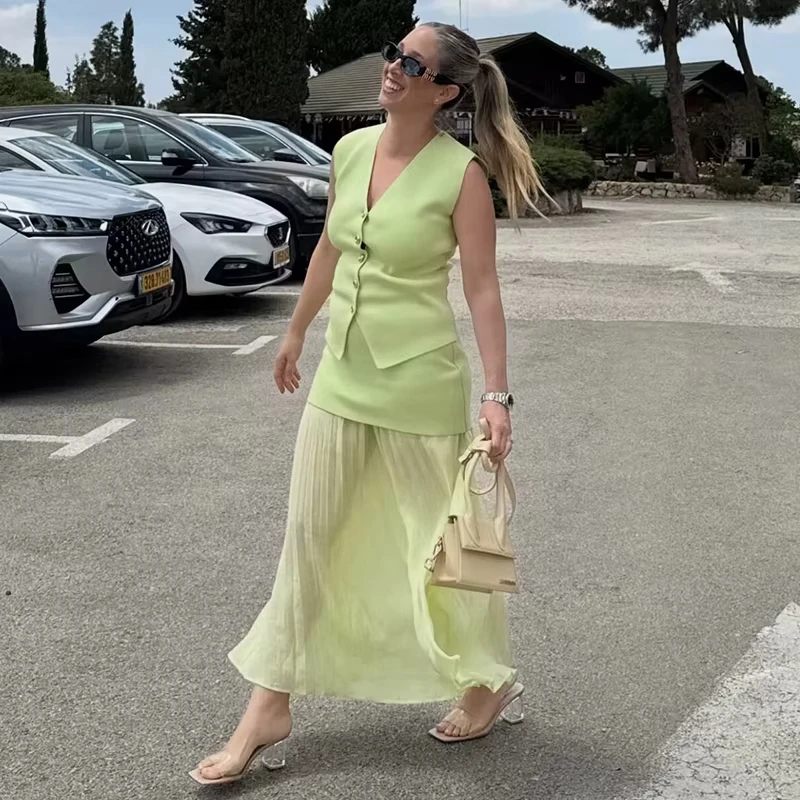 

Fashion Pleated Long Skirts For Women Summer 2025 New Elegant Chic Splicing Knitted Midi Skirt Holiday High Waist Zipper Skirts