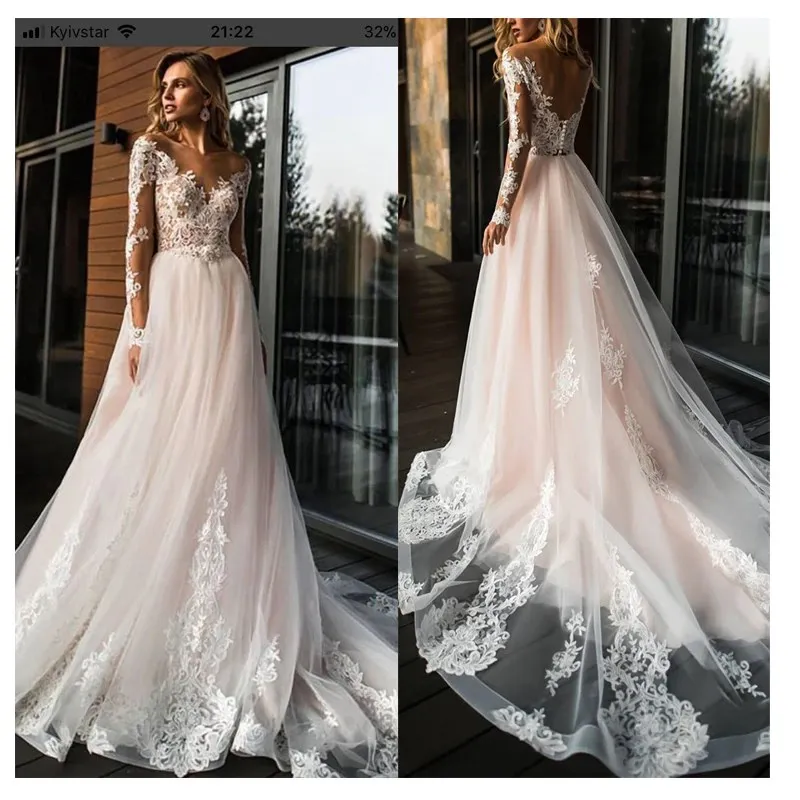 Vestido De novia elegante De encaje, Vestido De novia con apliques, espalda abierta, manga larga, corte en línea, tren, Vestido De novia con cuello en V 2020