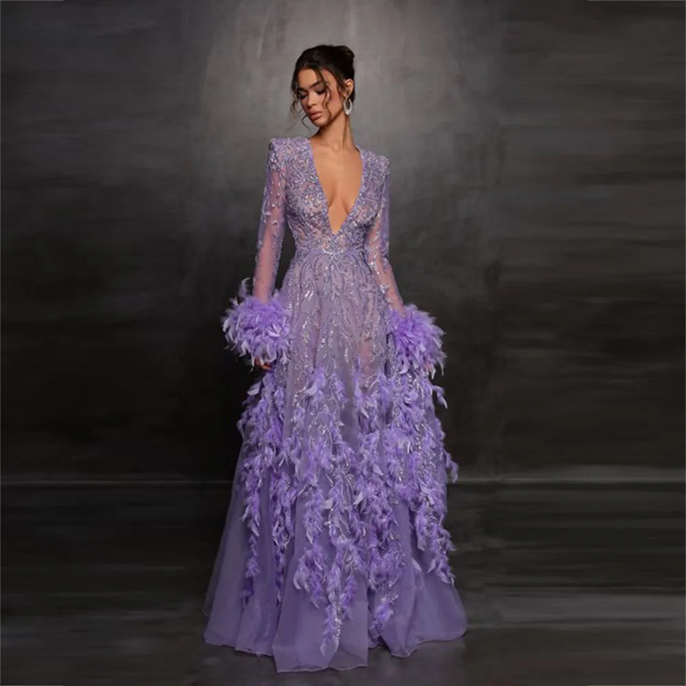 Lavender Deep V Neck Evening Gowns Lace Long Sleeves Feather A Line Prom Dresses Saudi Arabia Women Formal Occasion Party Dress