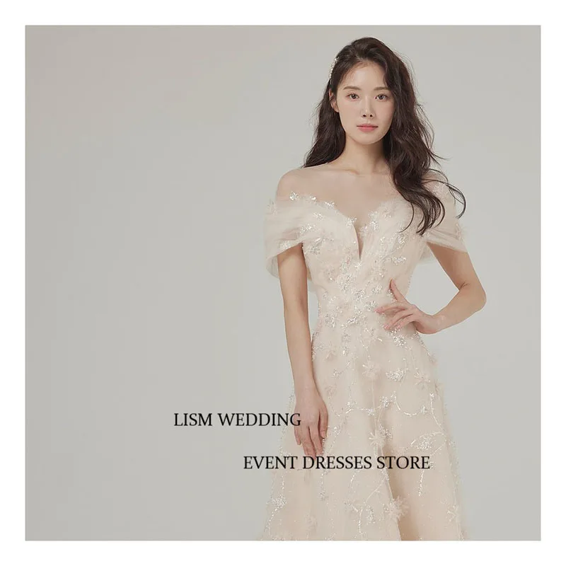 LISM Korea Lady Sweetheart Neck A-LINE Wedding Party Dresses Lace Off the Shoulder Floor Length Photo Shoot Bridal Gowns