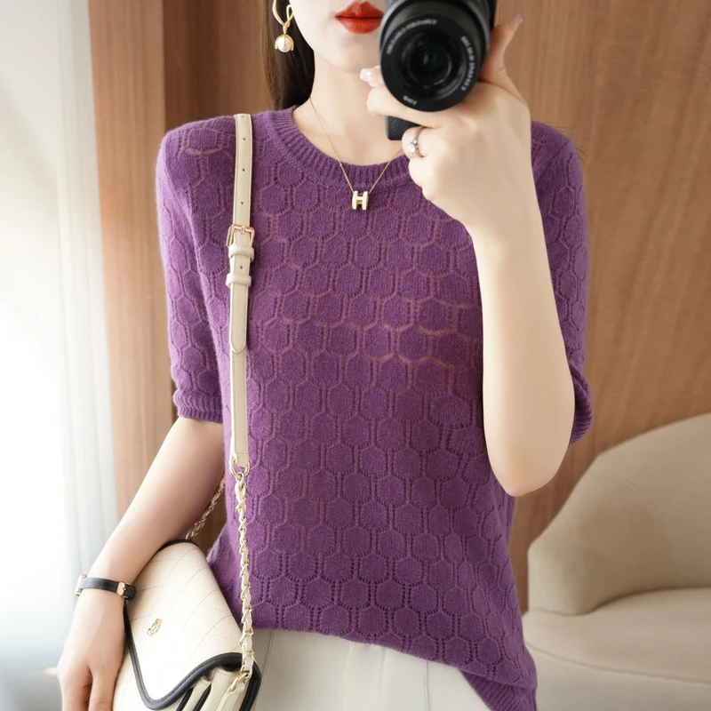 Spring and autumn thin hollow 100% pure wool women's knitted five-point sleeve round neck loose fashion bottoming shirt