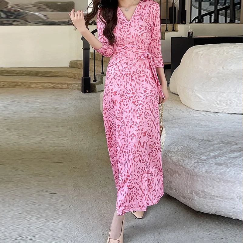 

FANIECES Autumn Half Sleeve Bandage Long Dresses Fashion Pink Print V Neck Slim Wrap One Pieces Sexy Party Evening Maxi Dress