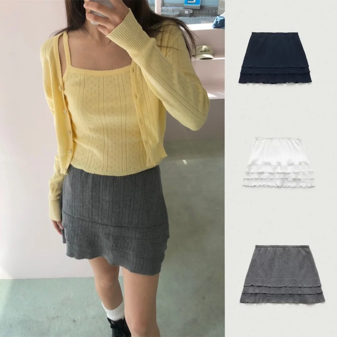 

High Waist Knitted ort Skirt with Lace Trim A-Line Loose Fit Casual Daily Sle Korean Faion Summer 2025 f Body Skirt