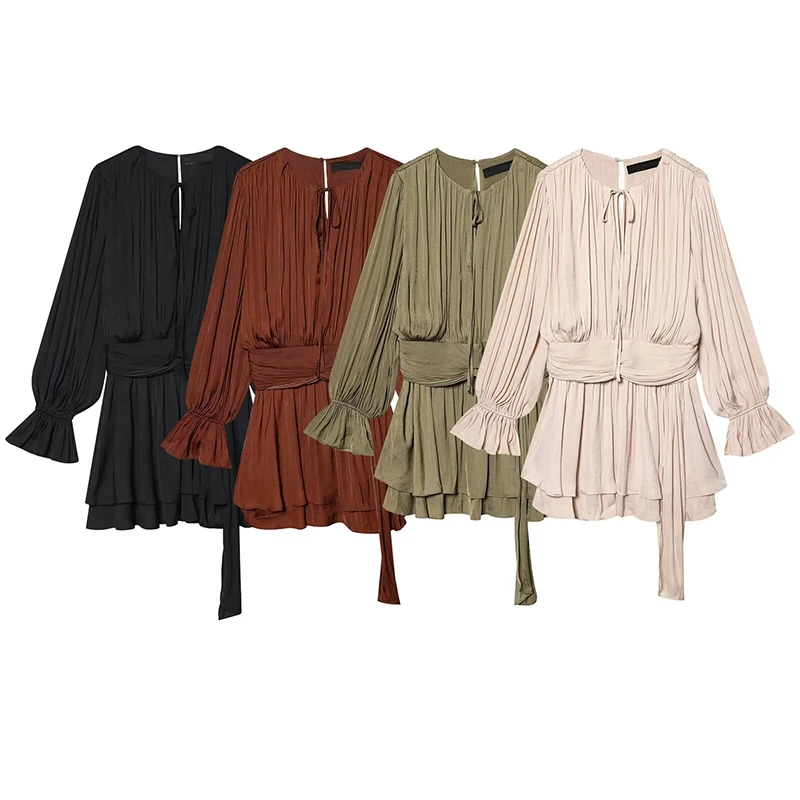 YENKYE Neues 2026 Damen Plissiertes Satin-Minikleid Langarm Frühling Vestidos für Freizeitaktivitäten