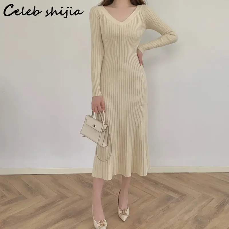 Apricot V-neck Women Knitted Dress Winter  Thicken Elegant Long Knitwear Ladies Korean Business Wool Vestido Autumn