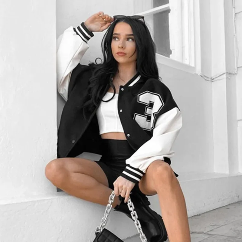 Autumn Winter Oversized Jackets Women 2024 Fashion Letter Embroidery Baseball Varsity Black Loose Long Sleeve Y2K Coat PU Sleeve