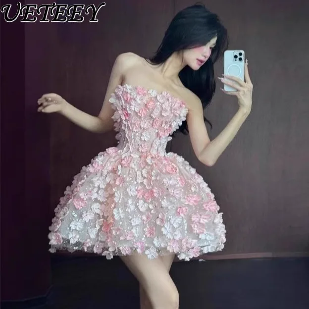 Tube Top Dress Female Socialite Heavy Industry Flower Socialite High-end Light Luxury Niche Off-shoulder Sweet Birthday Dresses