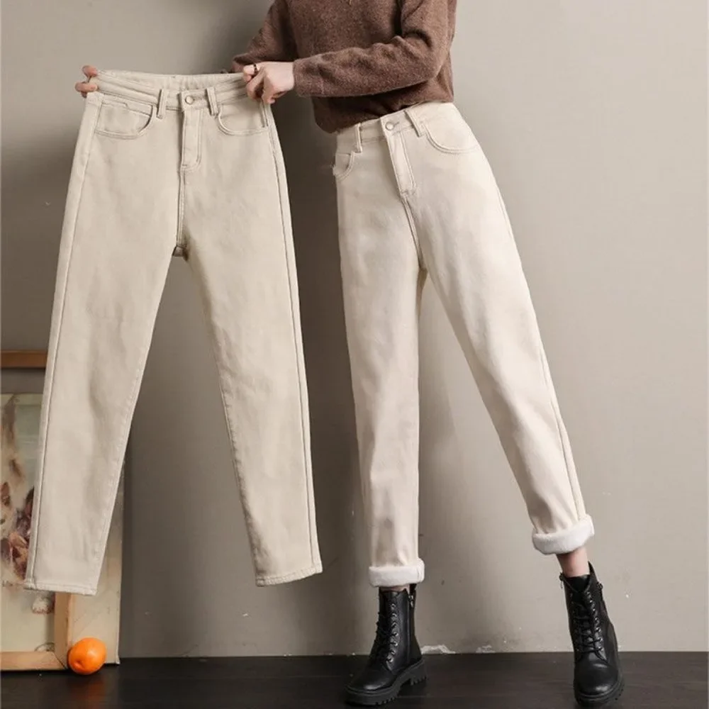 

Повседневные женские брюки в стиле ретро на флисовой подкладке в плюшевых джинсах y2k, осень-зима, элитные облегающие брюки с прямыми штанинами, женские брюки-сигареты