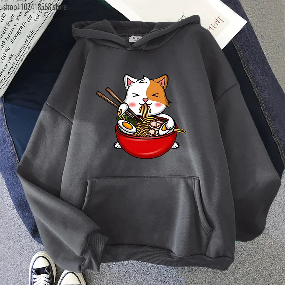 Cat Eating Spaghetti Hoodies for Women Aesthetic Hoodie MEN Fashion Sweatshirts Harajuku Clothes Four Seasons O-Neck Sudaderas