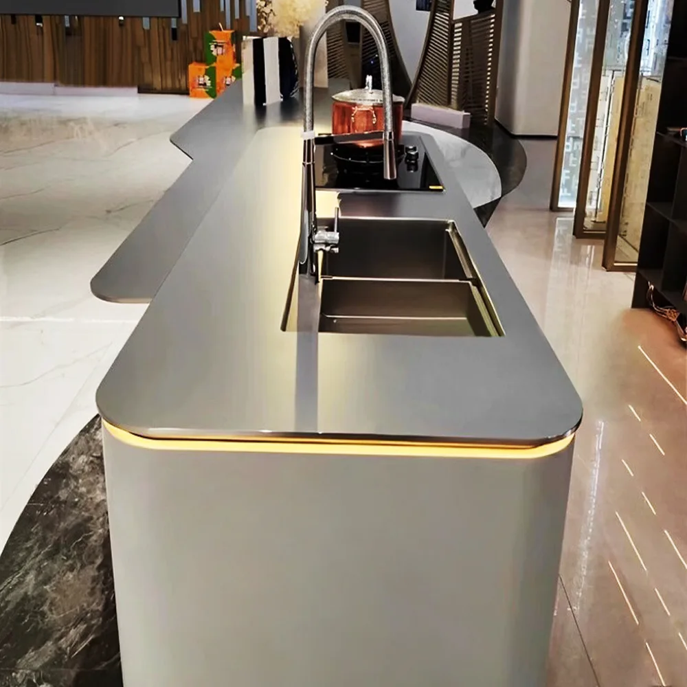 خزانة كونترتوب صلبة من الفولاذ المقاوم للصدأ 304 مخصصة، حوض جزيرة موقد متكامل، حوض خضروات المطبخ