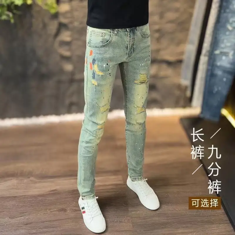 

Spring Summer New Men's Jeans Trend Retro Ripped Slim Fit Elastic Fashion Small Feet Blue Clothes Man Streetwear Men Trousers