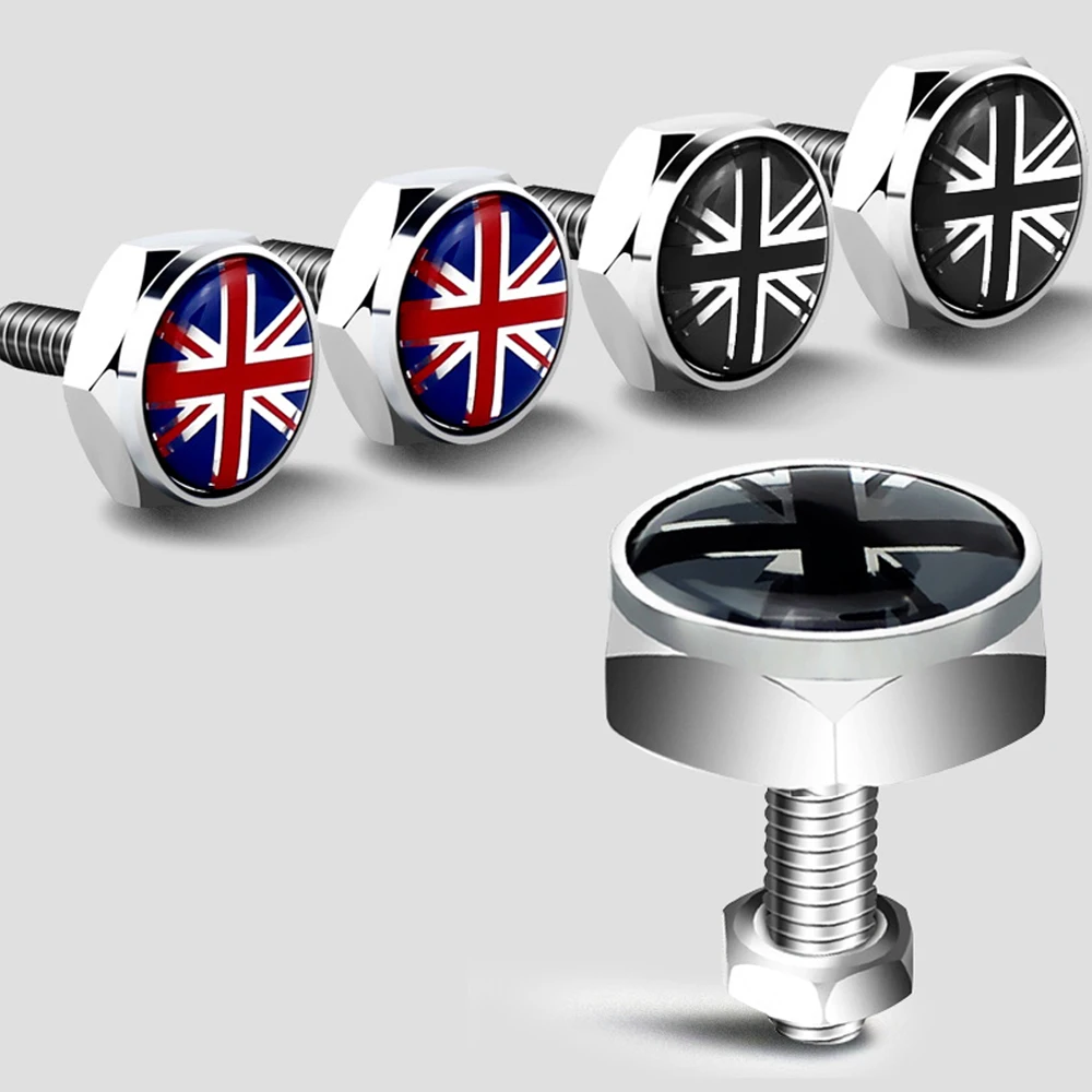 4pcs For BMW Mini Cooper JCW One S Countryman Car License Plate Frame Fixed Bolt Screw Nut Caps British Flag Emblem Accessories