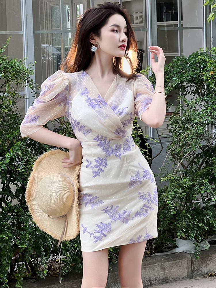 Summer Women Mini Dress Sweet Cute Gentle Sheer Mesh Embroidery Sequin V-neck Puff Sleeve Lady Outfit Party Street Vestido Mujer