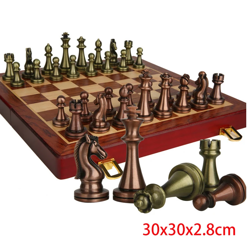 Luxury Chess Set Metal Chess Game Exquisite Kirsite Chess Pieces King 67mm Wooden Folding Chessboard Family Board Game Gift