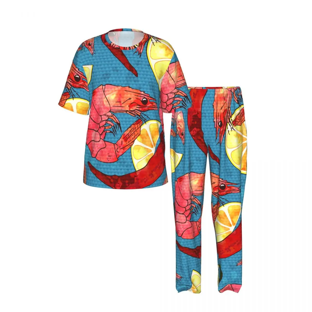 Men Pajamas Set Shrimp Chili Lemon Short Sleeve Spring Summer Lounge Sleepwear Male Nightwear