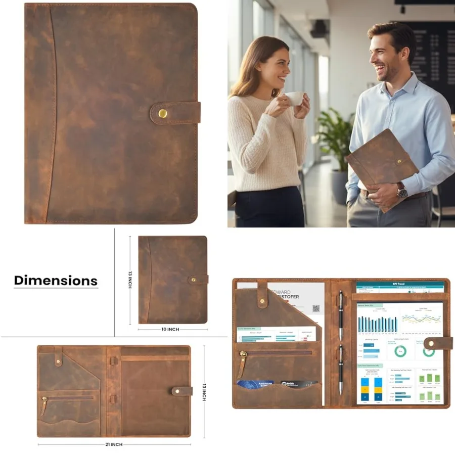 

Leather Resume Portfolio Folder for Interview, Professional Padfolio Organizer Binder A4, Graduation and New Job Gift for Men W