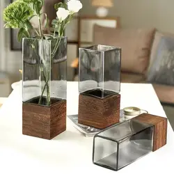 Nordic Hydroponic Flowers Glass Vase with Wooden Base Artificial Dried Flowers Living Room Office Desk Terrarium Decoration