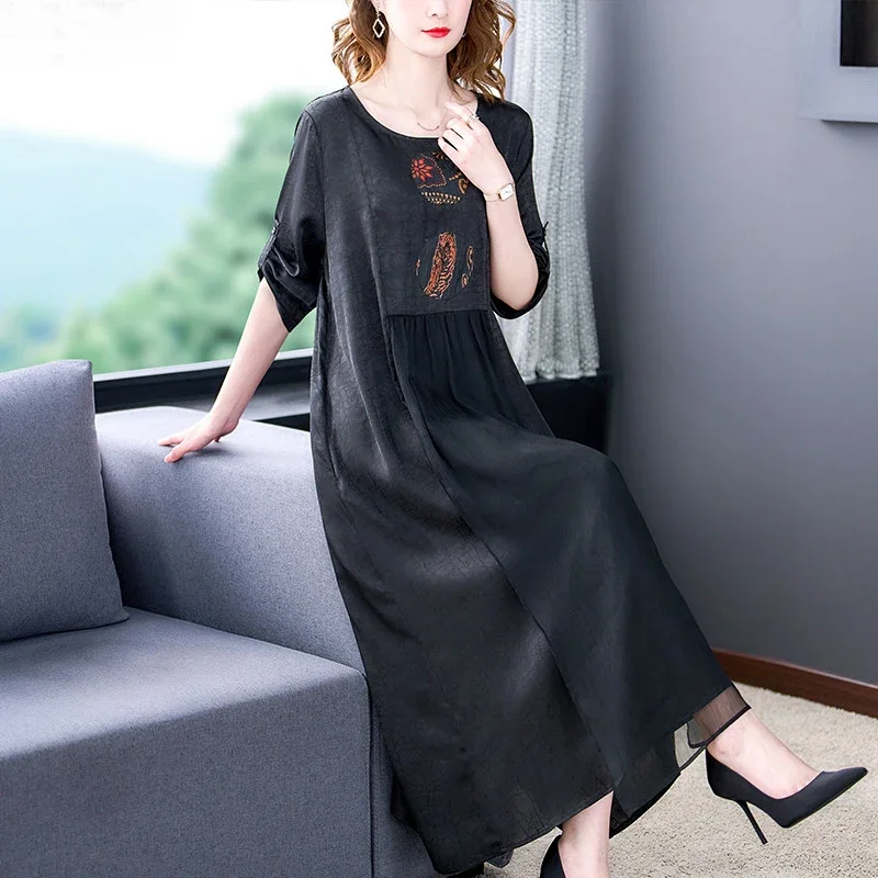 

Women Black Print Natural Silk Maxi Spring Summer Elegant Loose Waist 2024 Korean Vintage Hepburn Evening Dresses J307