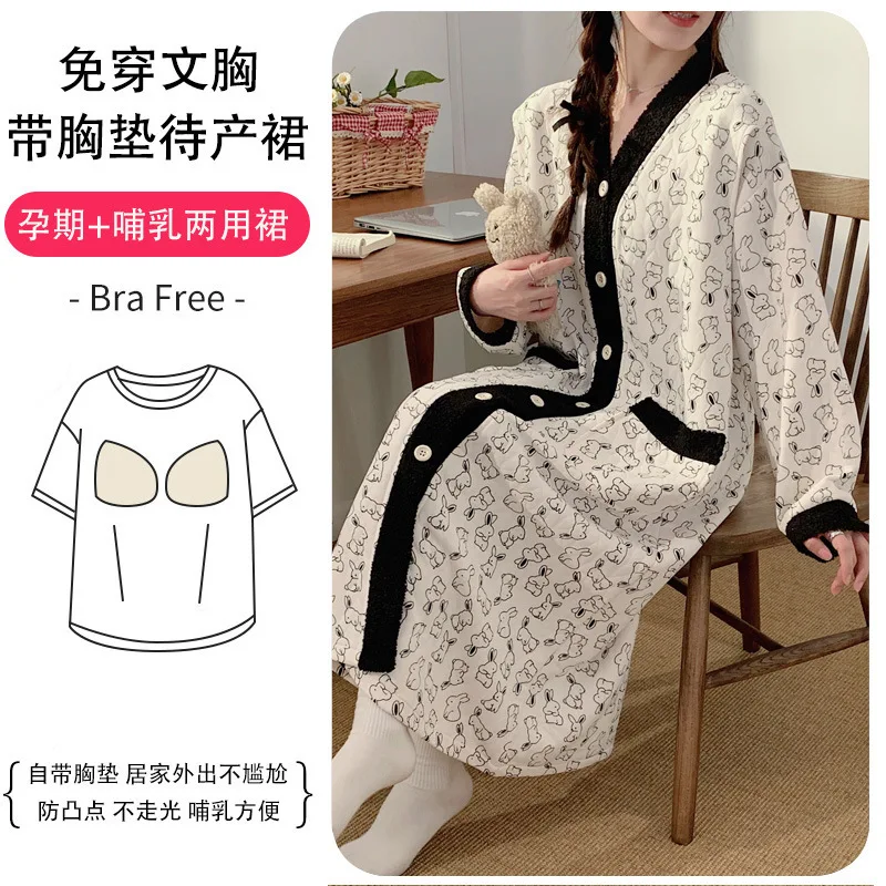 Plus Size Winter Maternity Women Pajamas with Chest Pads Cute Print Nursing Nightgown Side Open Breastfeeding Home Clothes
