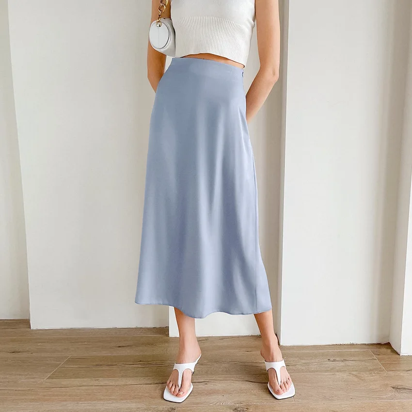 

Women's Half Length Skirt Retro Korean Satin Solid Color Elegant High Waist Fashionable Side Zipper Women's Skirt 한국인 리뷰 많