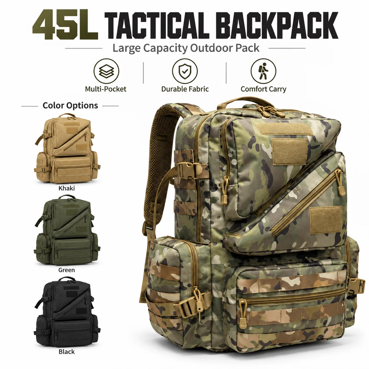 45L Tactical Backpack Large Capacity Multi Compartment Side Pouches Breathable Carry System for Trekking Camping Field Gear