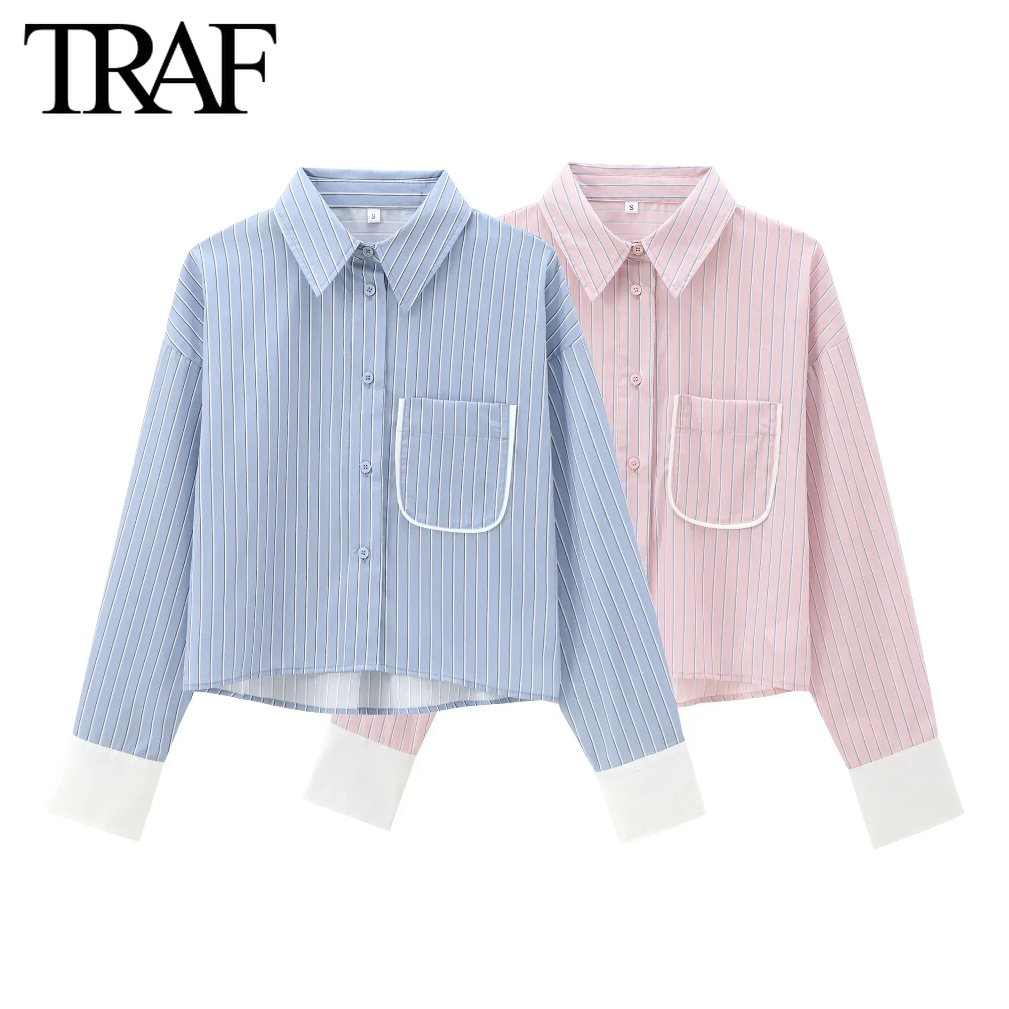 TRAF Women Fashion Spring New Striped Long Sleeve Single Breasted Lapel Short Blouse Street Clothing Shirt Chic Ladies Top