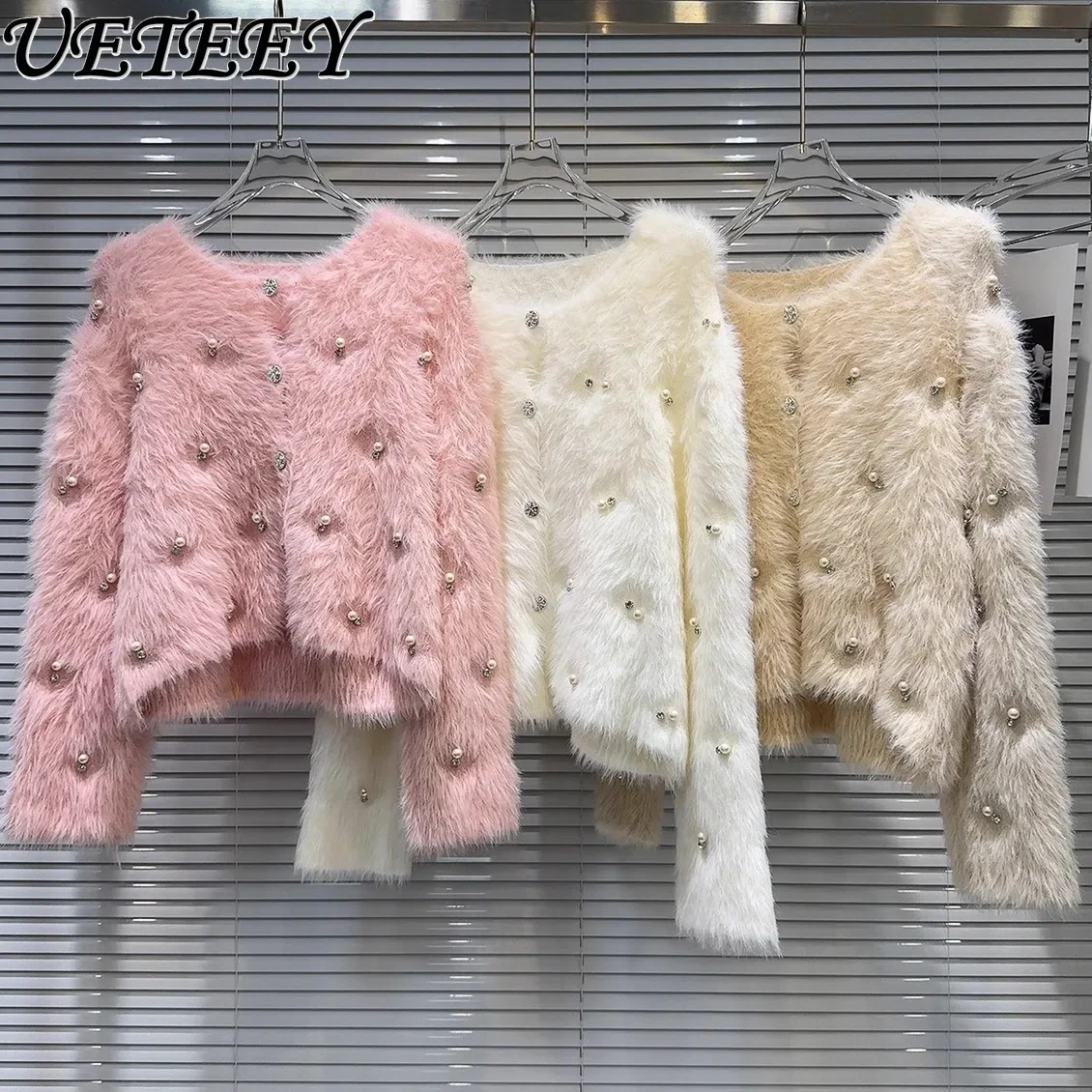 Autumn Winter New Temperament Socialite Pearl Bead Sweater Jacket Crew Neck Furry Warm Short Knitted Cardigan for Women