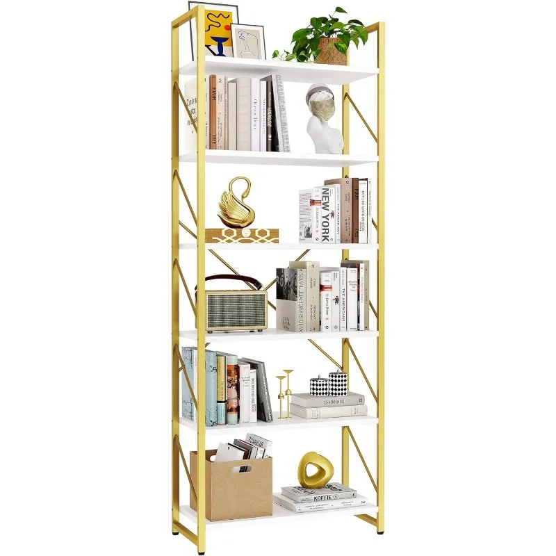 Tall Bookshelf 6 Tier Bookcase, Modern Gold Book Shelf, Open Display Storage Rack Shelves