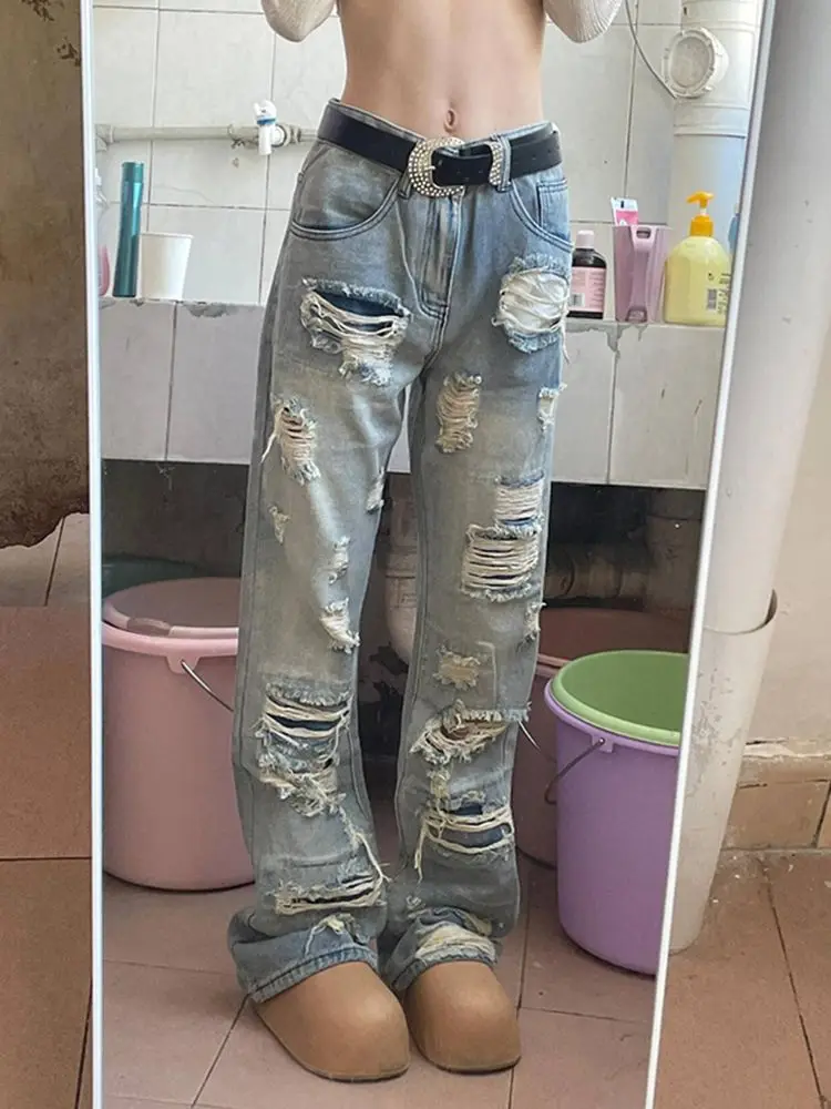 

Summer American men and women street personality straight tube destructive jeans for couples loose retro washed casual pants y2k