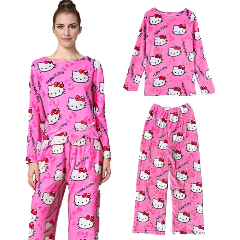 

Hello Kitty Christmas Pajamas Pants Set Flannel Fashion Casual Anime Cartoon Hellokitty Home Costumes Halloween Xmas Warm Outfit