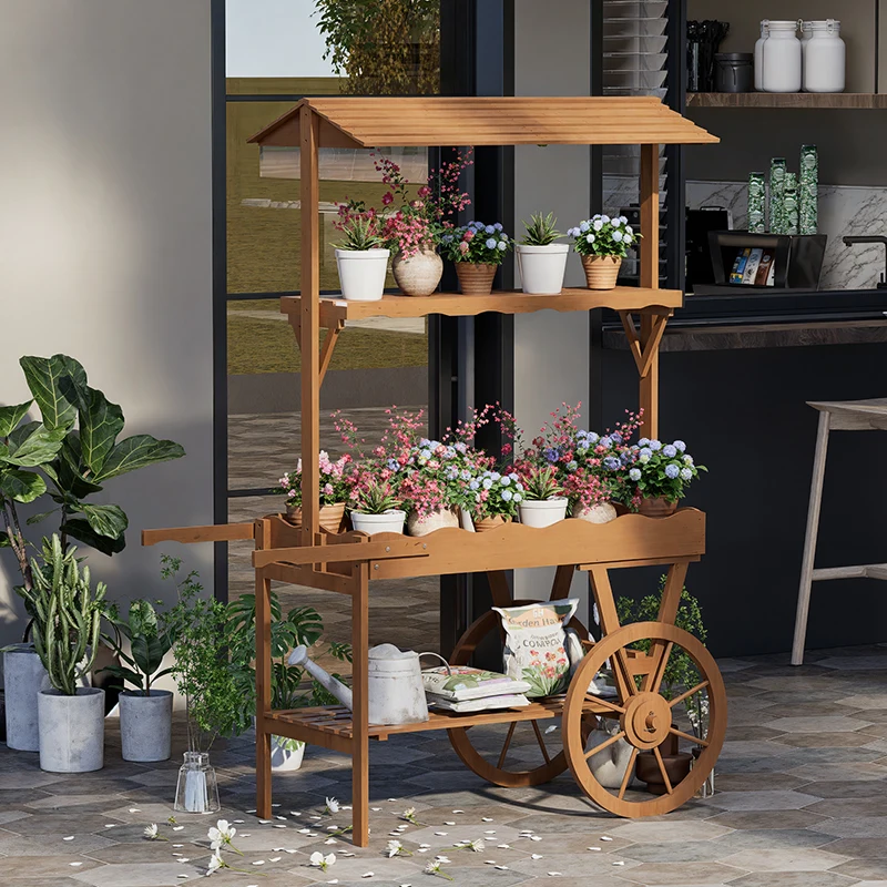 

Indoor flower stand decorative ornament solid wood cart rack