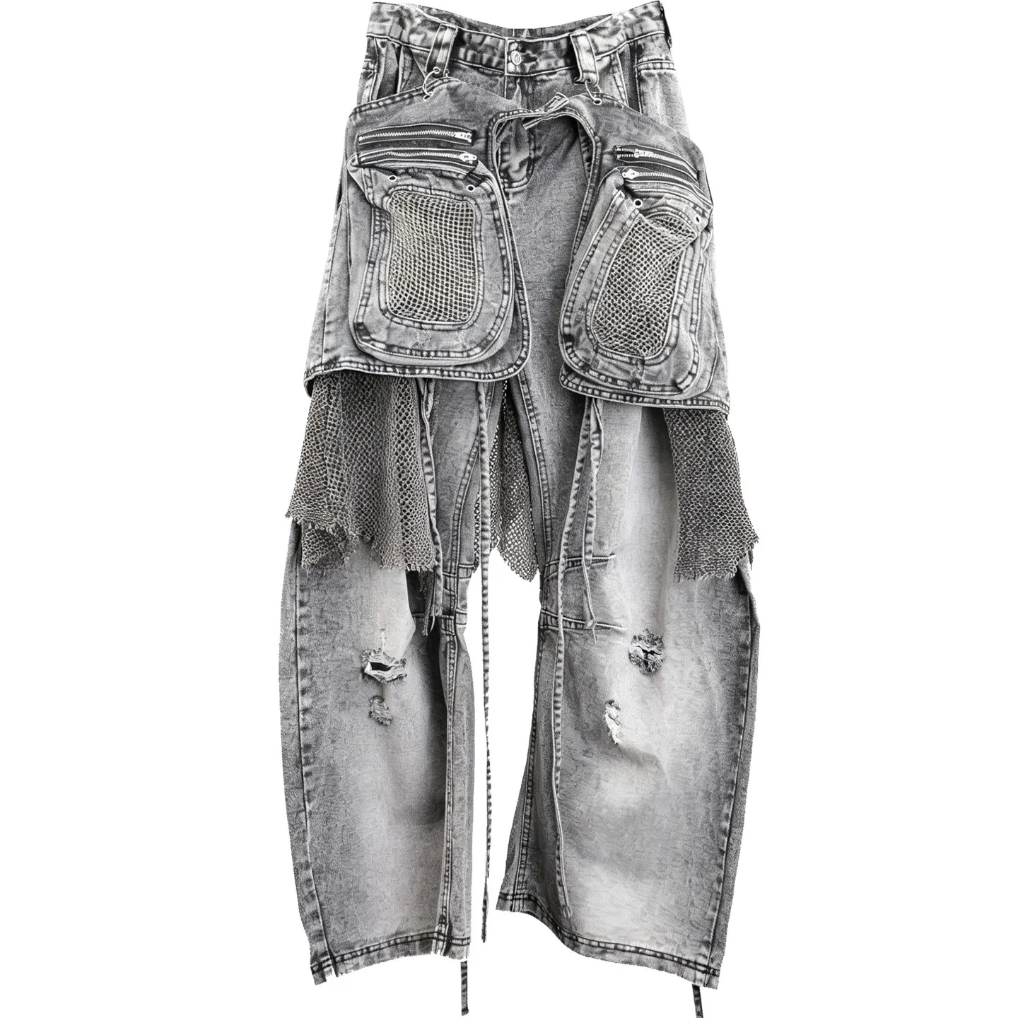 Heavy Industry Wasteland Fengya Culture Multi-Layer Distressed Detachable Waist Bag Tooling Machete Denim Trousers for Men