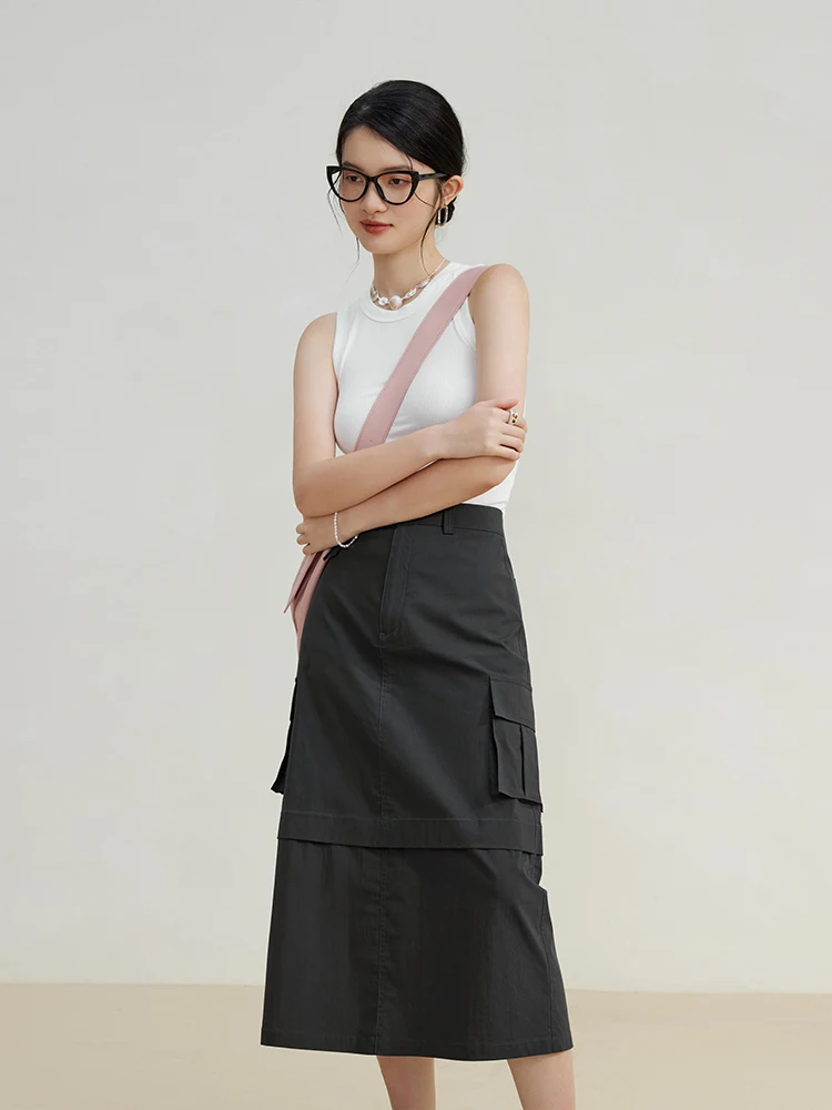 ZIQIAO American Retro Tooling Skirt for Female Summer Chic Design Hip-covering Thin Straight High-waist Cargo Skirt for Women