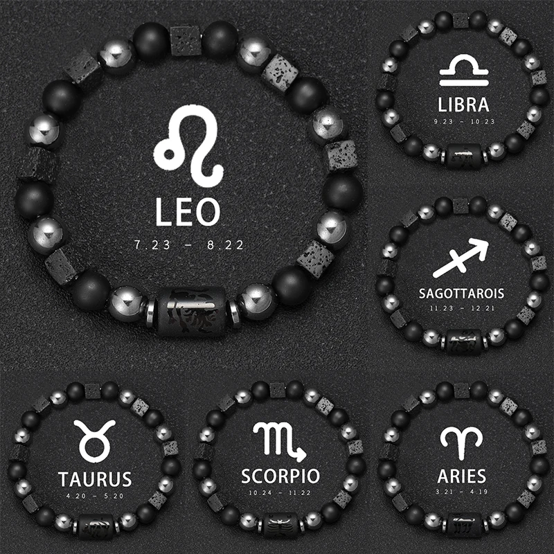 Pulsera del zodiaco de 12 constelaciones, cuentas de signos, pulsera para parejas, pulsera elástica cuadrada de piedra volcánica para mujeres y hombres, regalo