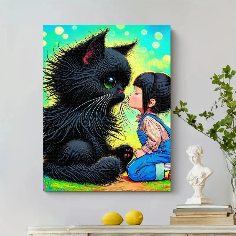 Puzzle fantaisiste pour chat et fille, 1000 pièces |   Puzzle portable en carton, 27,55 × 19,69 pouces, amusant anti-stress pour adultes, famille, joueurs,