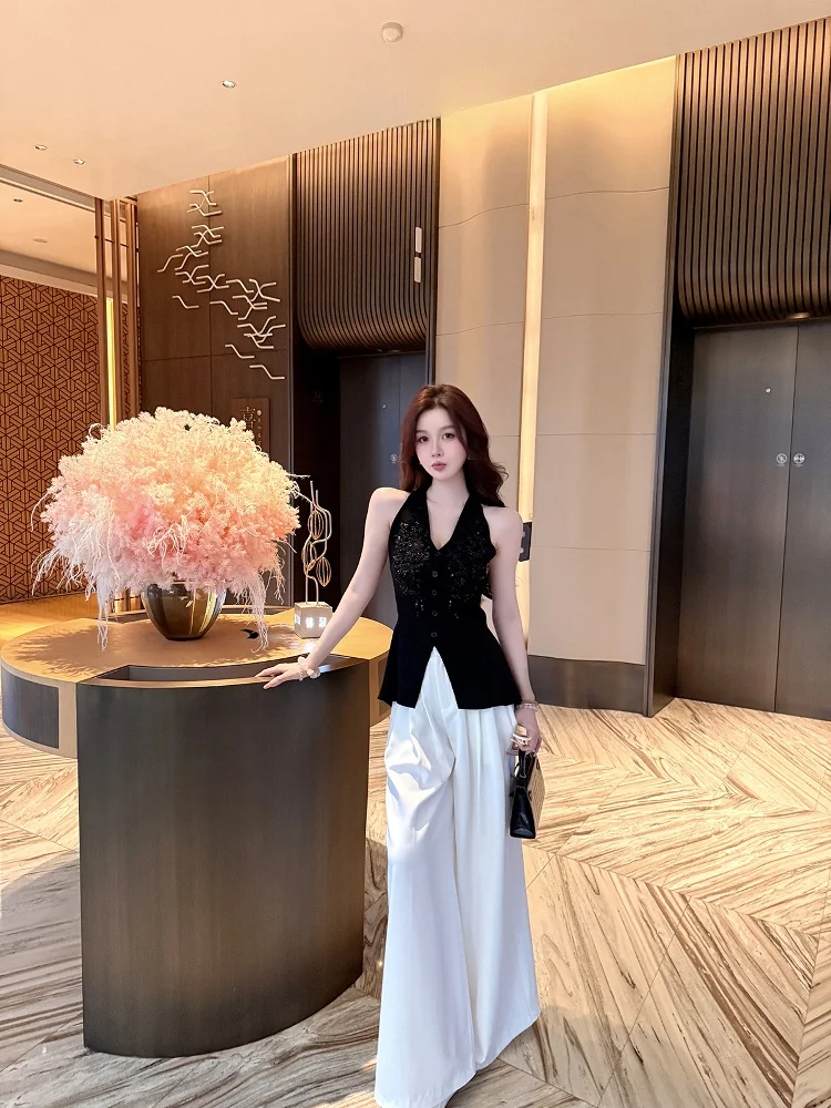 

Azhen Miss ow V-ne Heavy Embellied Svel oulder-baring Slit Design Knitted Top Women's Faion Commute Sle Sli...