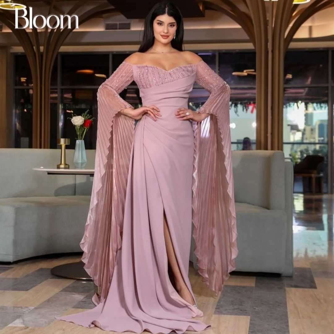 Bloom Off Shoulder Pleated Long Sleeves Evening Dresses Sequins Beads Floor Length Formal Wedding Party Dresses For Prom